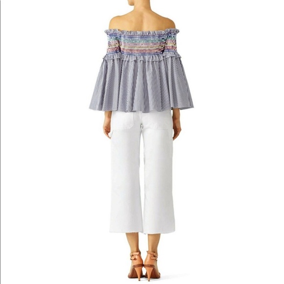 Petersyn Davenport Blue Stripe Smocked Top Shirt Off Shoulder XS NEW NWT - Picture 2 of 6
